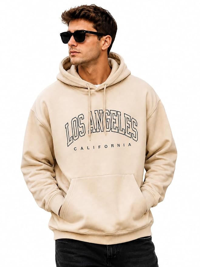 Men's Beige "Los Angeles California" Printed Oversized Hoodie