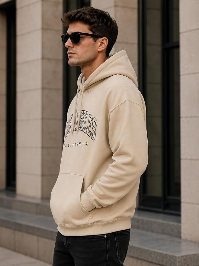 Men's Beige "Los Angeles California" Printed Oversized Hoodie