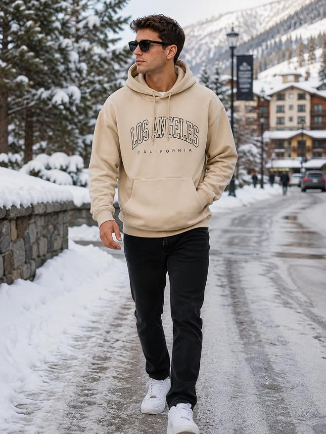 Men's Beige "Los Angeles California" Printed Oversized Hoodie