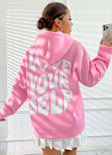 Lzuri Fashion Women's Back Printed Pink Hoodie Sweatshirt for Winter